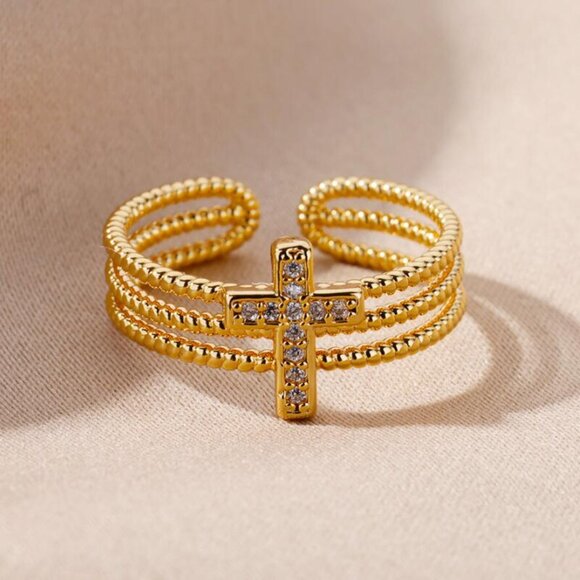 3/$35 18K Gold Plated Copper Open Ring Cubic Zirconia Cross Dainty Jewelry - Picture 6 of 7